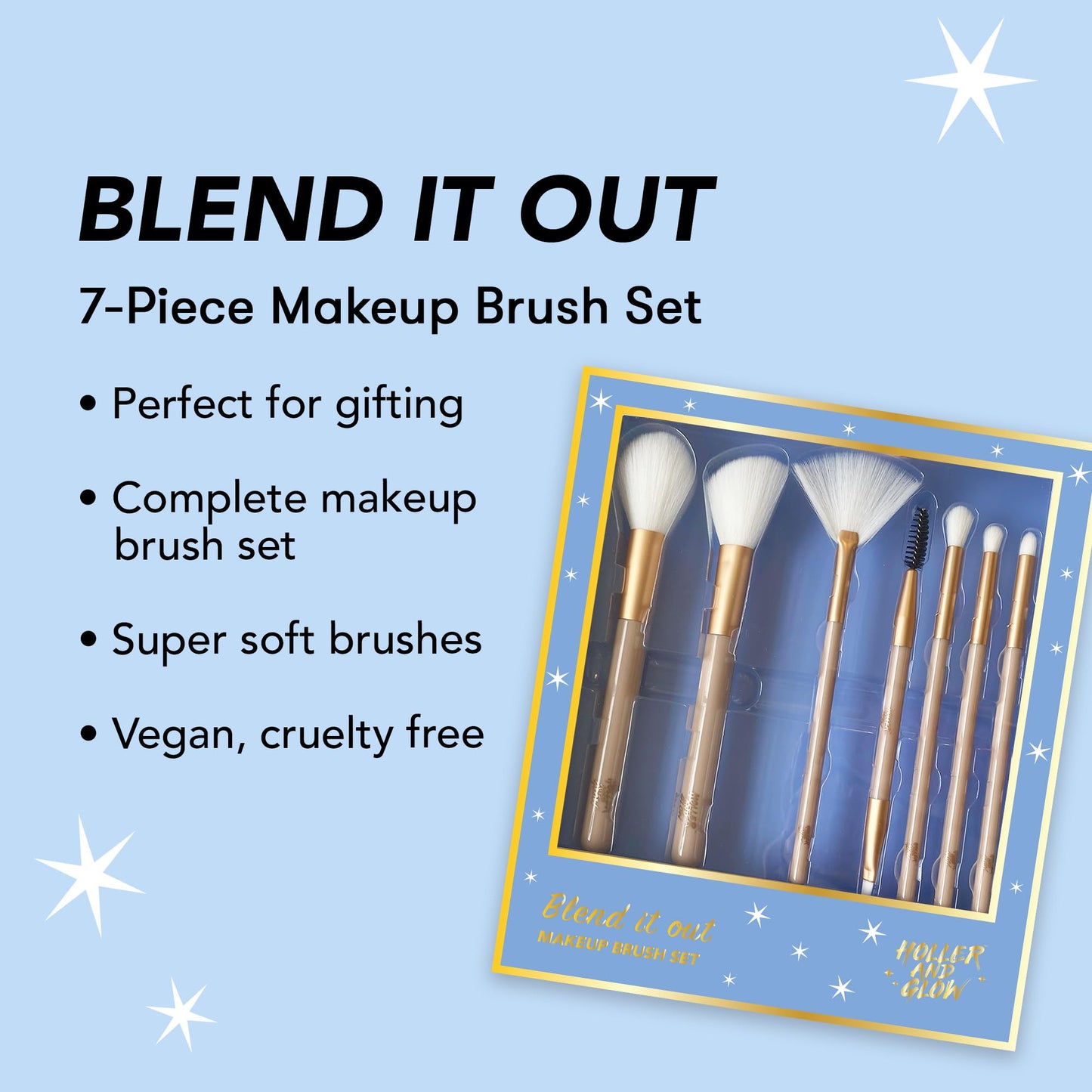 Holler & Glow Holler and Glow Blend It Out Makeup Brush 7-Piece Gift Set, Includes Face, Cheek, Fan, Angled Brow and Spoolie, Crease Blender Eyeshadow, Precision Eyeshadow and Crease Definer Eyeshadow Brush