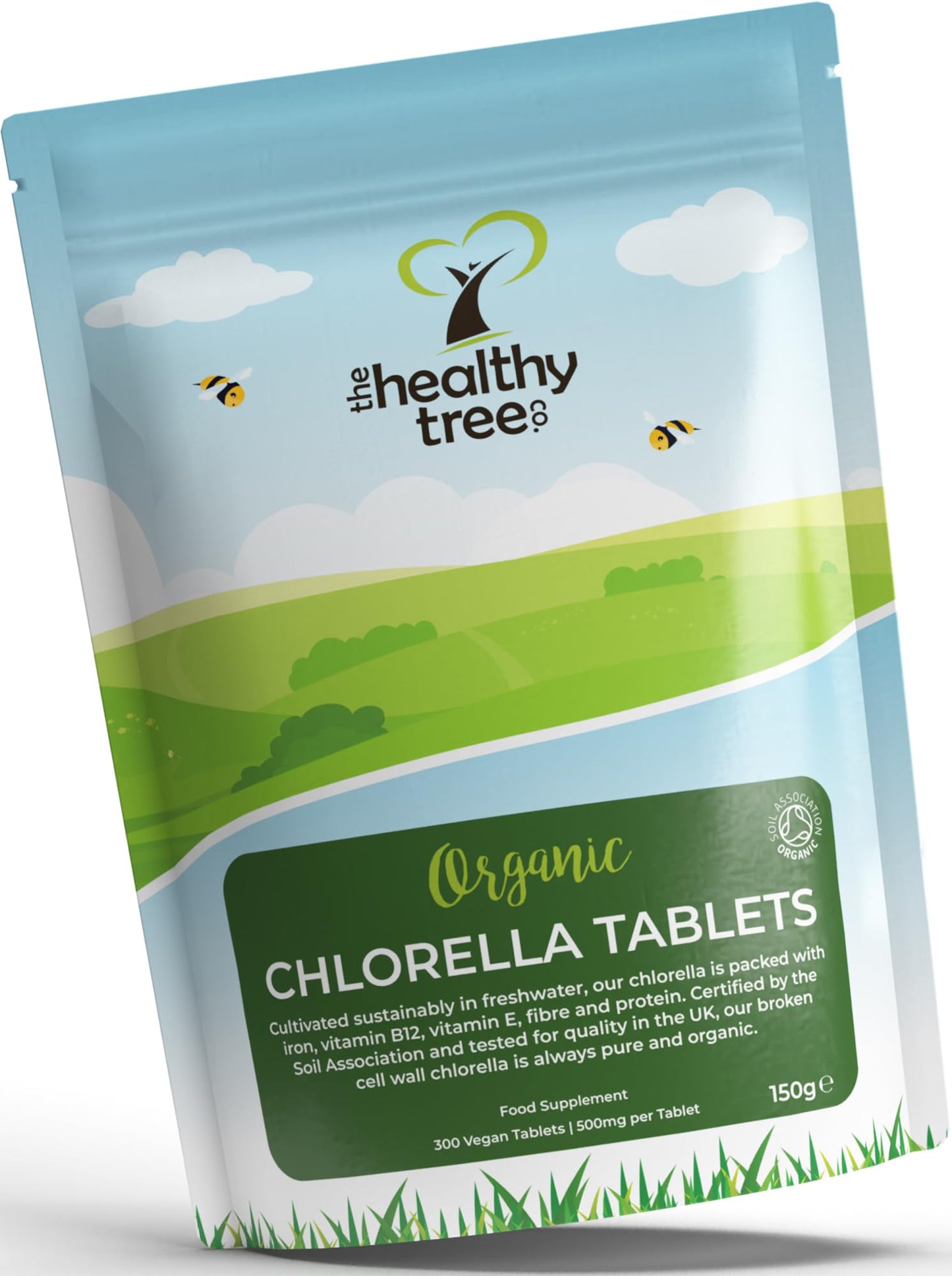 Organic Chlorella Tablets by TheHealthyTree Company - High in Vitamin B12 and E, Iron, Protein and Amino Acids - UK Certified Cracked Cell Wall Vegan Chlorella, 300 x 500mg (150g)
