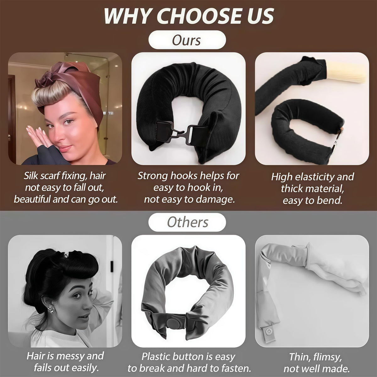 Solihigh 4PC Heatless Curls Set- Hair Rollers with Adjustable Square Scarf for Overnight Curls, No-Heat Curling Rods Safe for Long Hair (Black)