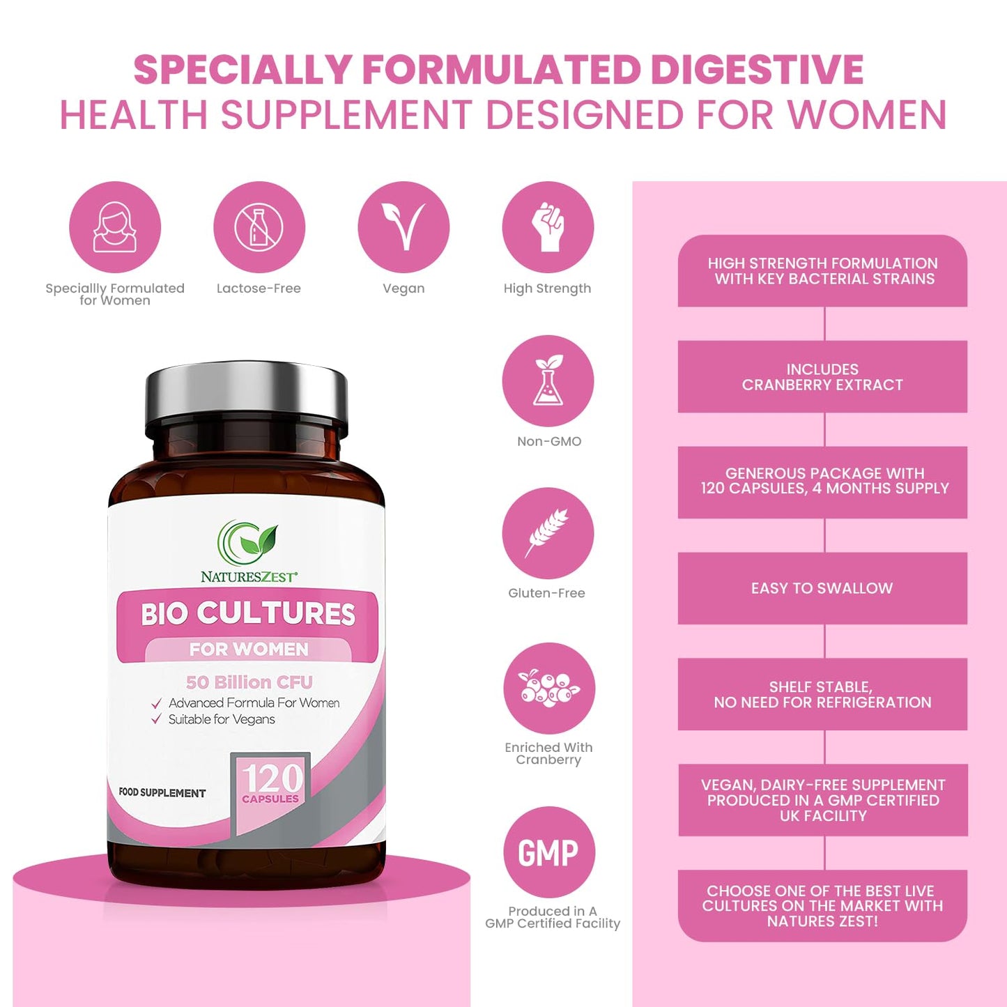 Natures Zest Probiotics for Women - 50 Billion CFU -120 Vegan Caps for Gut Health & Intimate Flora Probiotics Complex + Prebiotics enriched with Cranberry Extract, Lactobacillus Reuteri & Rhamnosus- 4 Month Supply