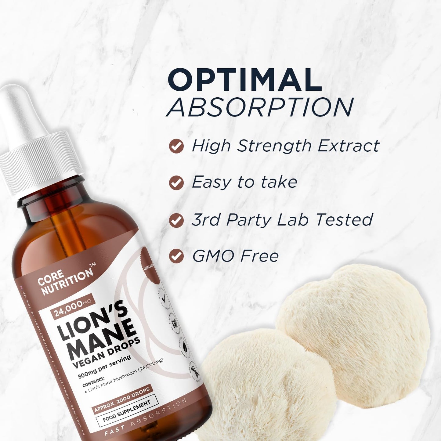 Lions Mane Supplement Liquid Drops by Core Nutrition - High Strength of 24,000mg per 60ml Bottle - Vegan - 1 Month Supply of Lions Mane Extract - Made in UK
