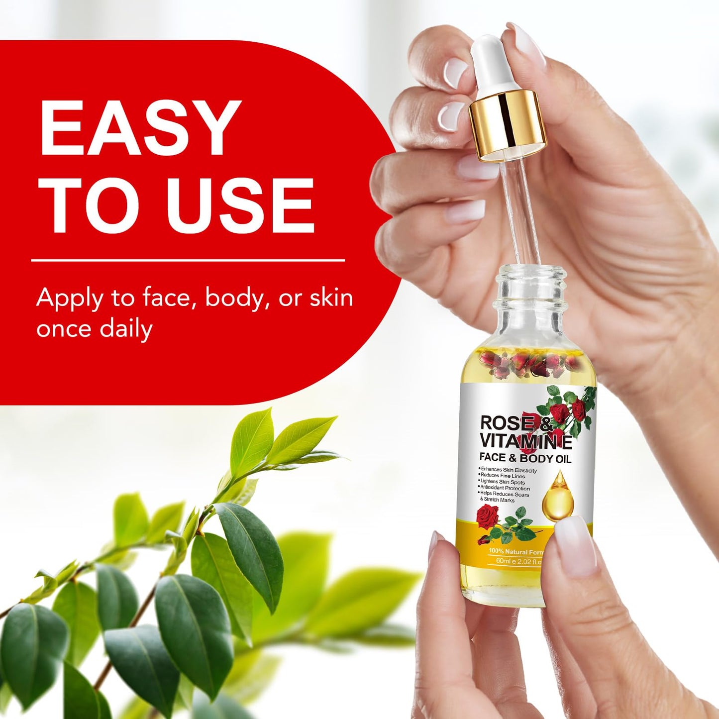 Rose Vitamin E Face & Body Oil - 100% Natural Moisturize Reduce Wrinkles Diminish Scars and Stretch Marks Enhances Skin Elasticity Rose Vitamin E Oil Organic for Face Body Massage Oil