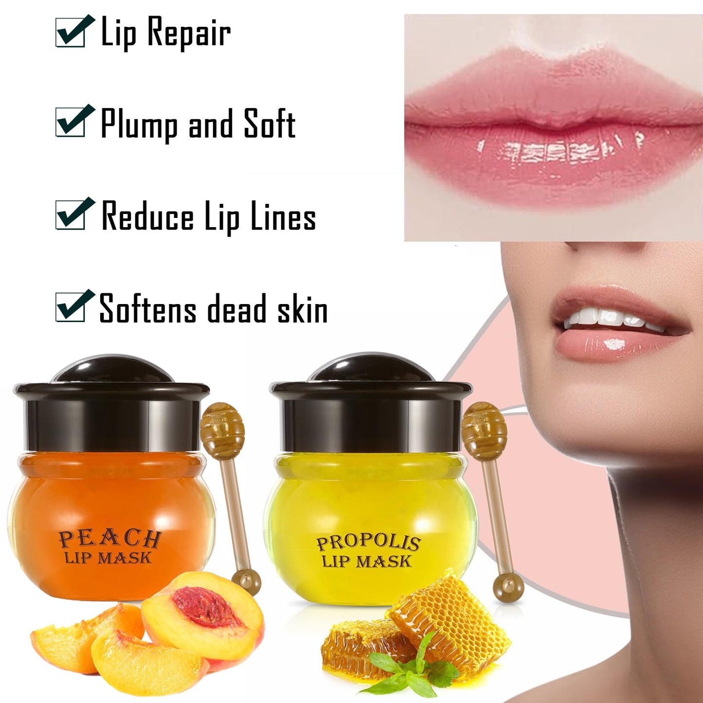 GEEWHILE Lip Sleeping Mask Moisturizing Lip Mask Skincare Lip Balm Set, 2 Pcs Peach+Honey Bee Balm Lip Mask for Day&Night Lip Care, Lighten Dark Lip Color Reduce Lip Lines, Repair,Prevent Dry Crack