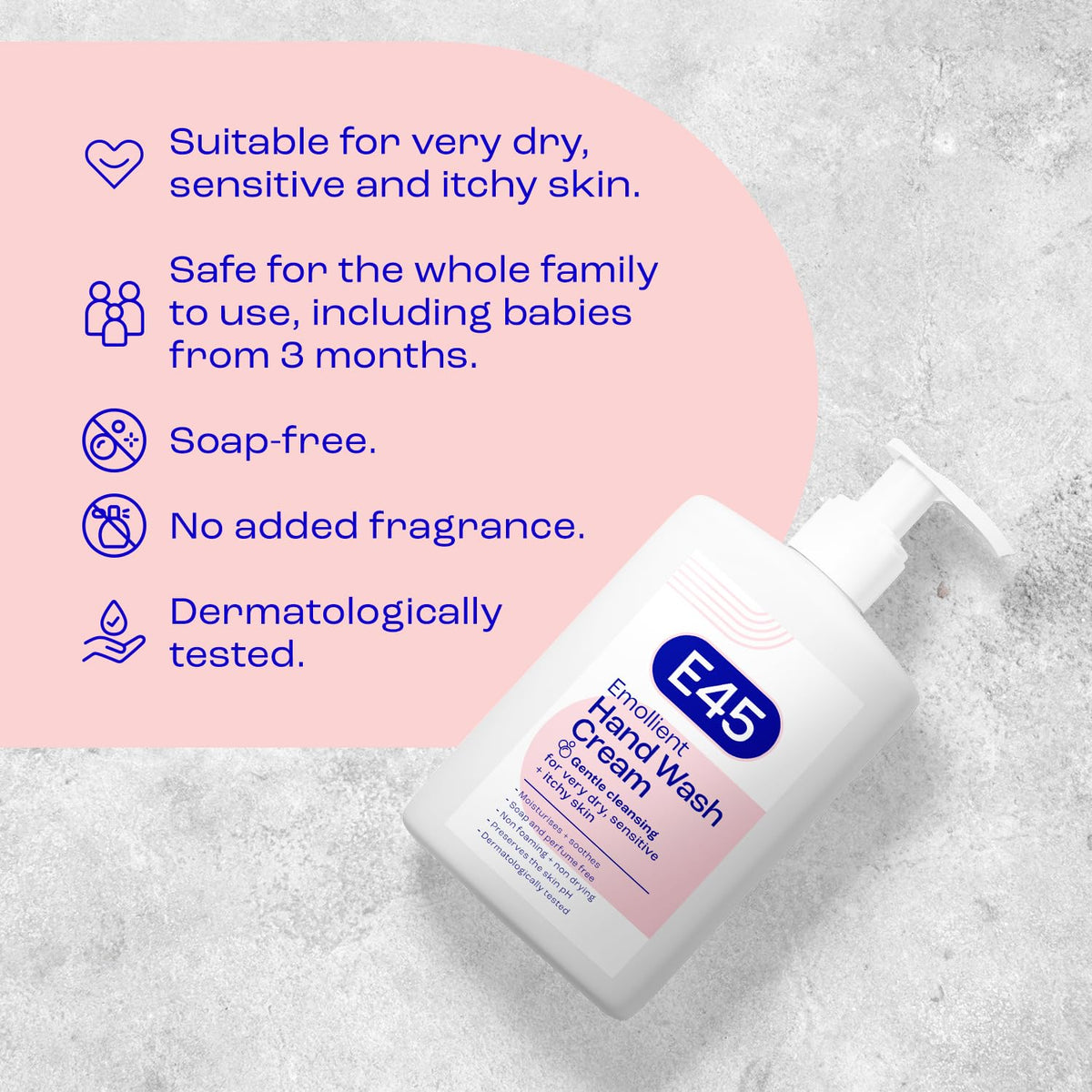 E45 Hand and Body Wash Cream - Relieve Dry, Itchy & Irritated Eczema Prone Skin - 250ml - Gently Cleanses Very Dry and Sensitive Skin - Dermatological Soap Free Emollient