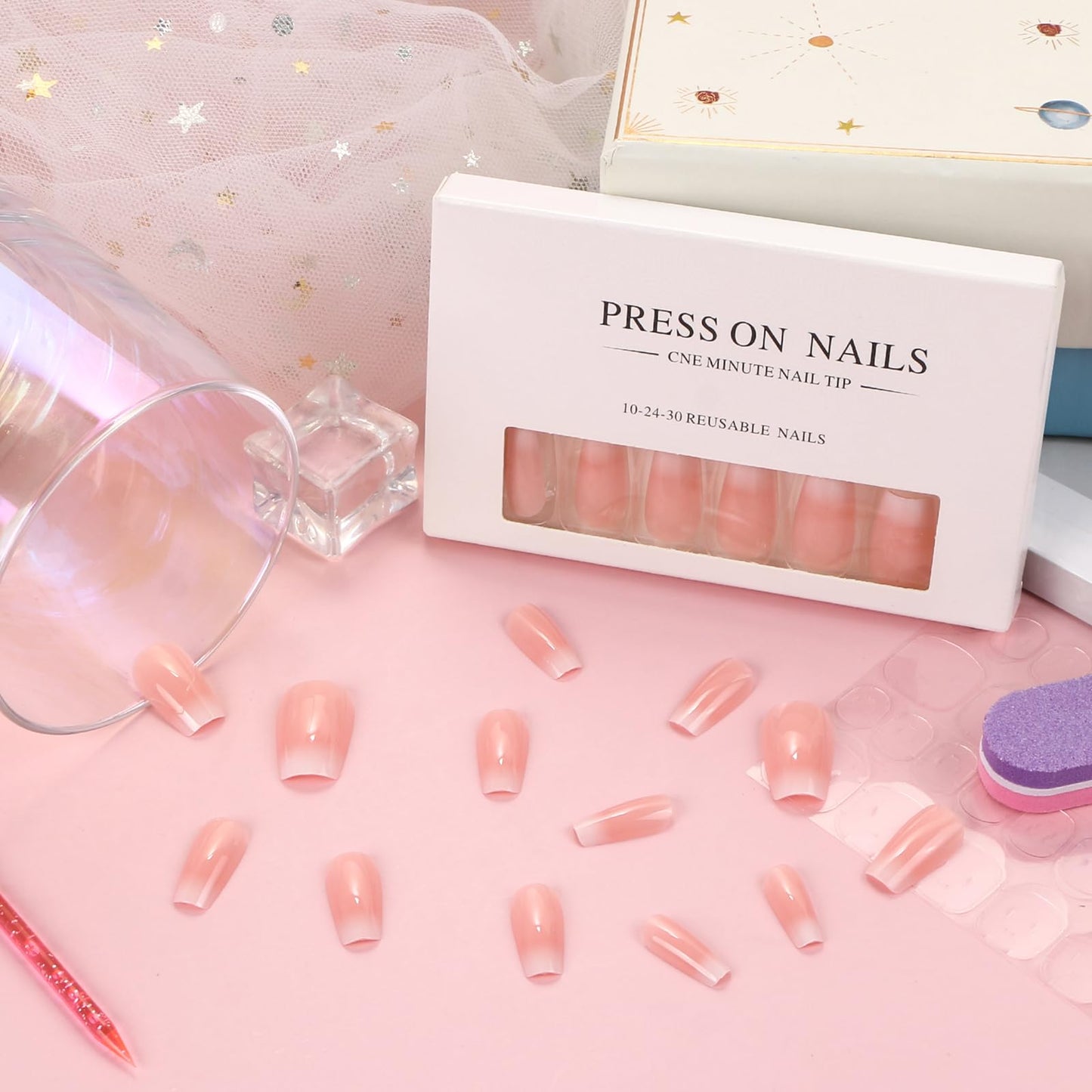 24Pcs False Nails,UHOMENY Square False Nails Short Long Fake Nails Acrylic Stick on Nails for Women Girls Nail Art Press on Nails with manicure kit (Light Pink Gradient White, 12 size)
