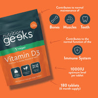 Nutrition Geeks Vegan Vitamin D 1000iu Tablets - 180 Easy-Swallow Plant-Based Algae Vitamin D Tablets, 6 Month Supply - VIT D3 High Strength Immune Support - Highest Grade Certified UK Made Vegan Vitamin D3 1000iu