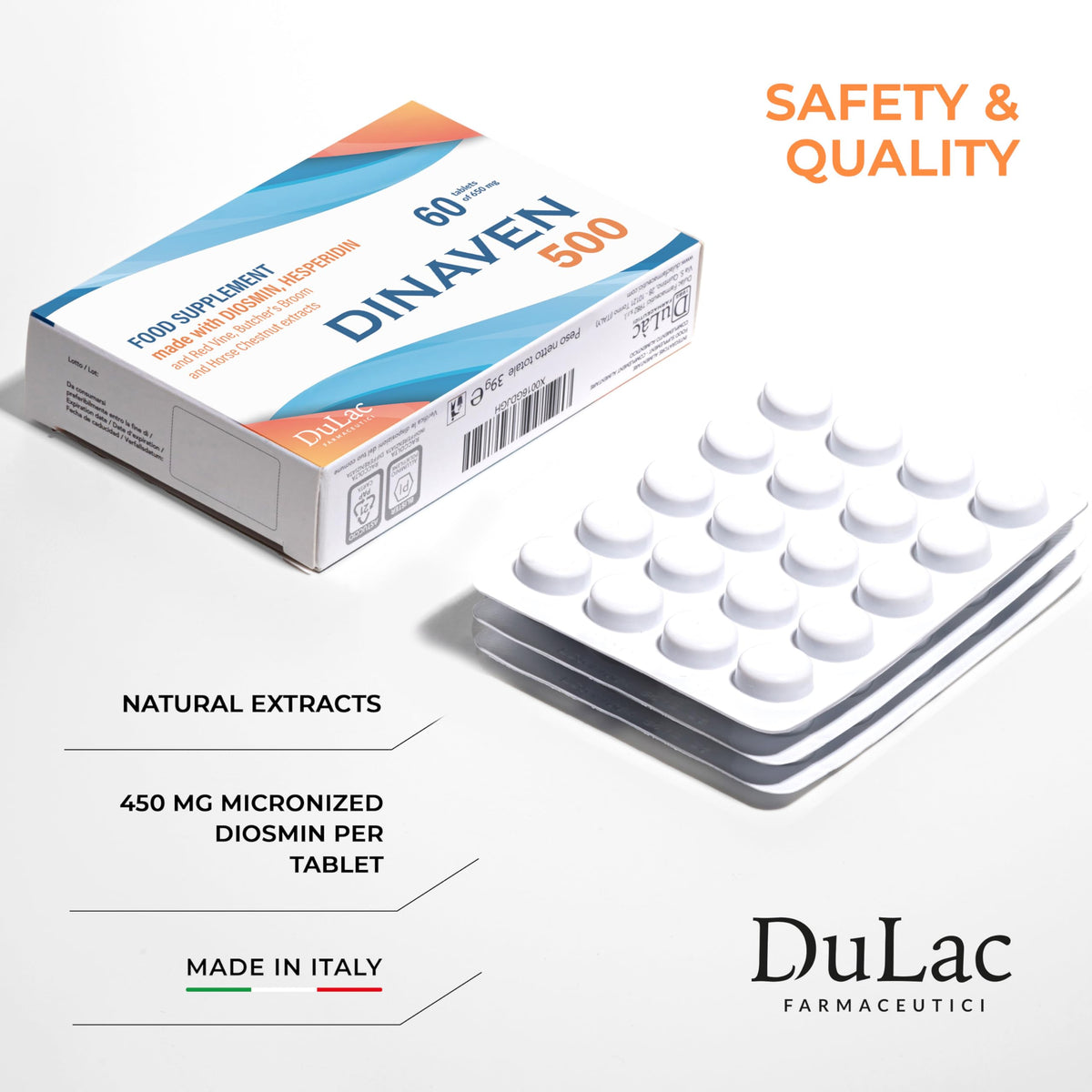 DULÀC FARMACEUTICI 1982 Dulac – Dinaven 500, Food Supplement for Leg Support Circulation, 60 Tablets, for Heavy and Tired Legs, Helps Improve Blood Flow, with Diosmin and Hesperidin, Made in Italy