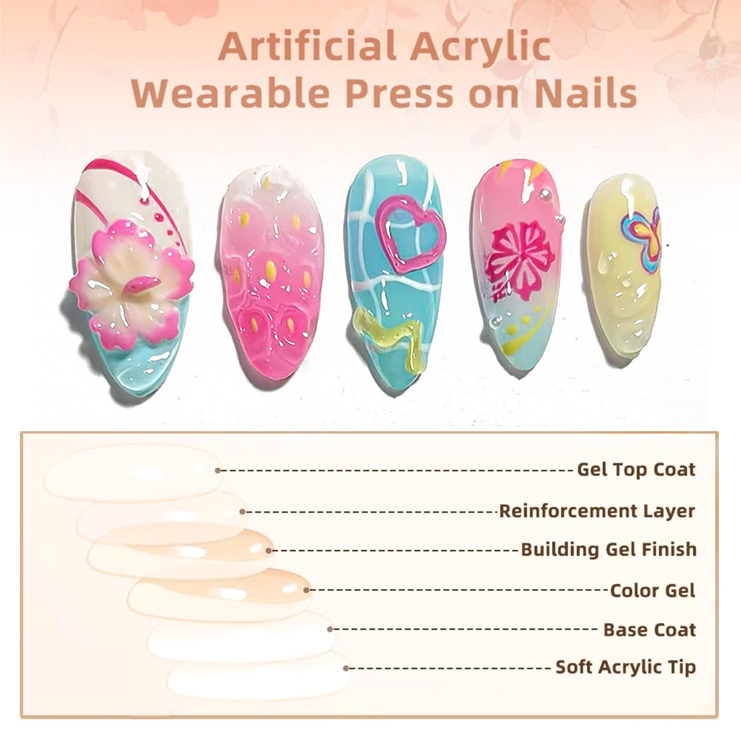 Muorruo 30 Pieces Summer Press-on Nails, medium size, almond shape, artificial nails with 3D floral starfish design, summer beach art nails, pearl glued nail, acrylic