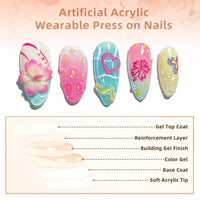 Muorruo 30 Pieces Summer Press-on Nails, medium size, almond shape, artificial nails with 3D floral starfish design, summer beach art nails, pearl glued nail, acrylic