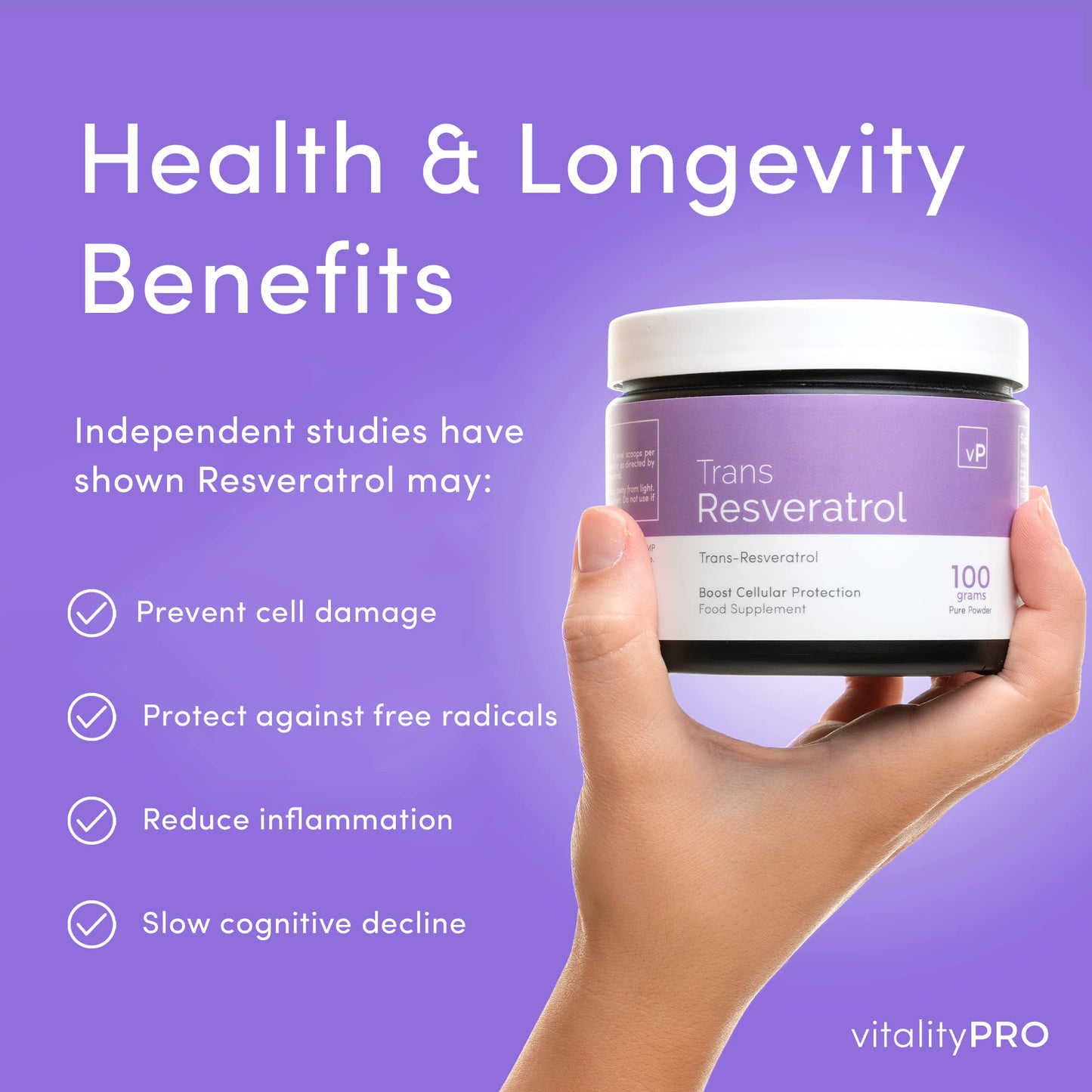 vP Vitality Pro Trans Resveratrol Micronised Powder 100 Grams - Third Party Tested Over 99% Purity - Natural Pure Trans Resveratrol Supplement 100g - Vitality Pro