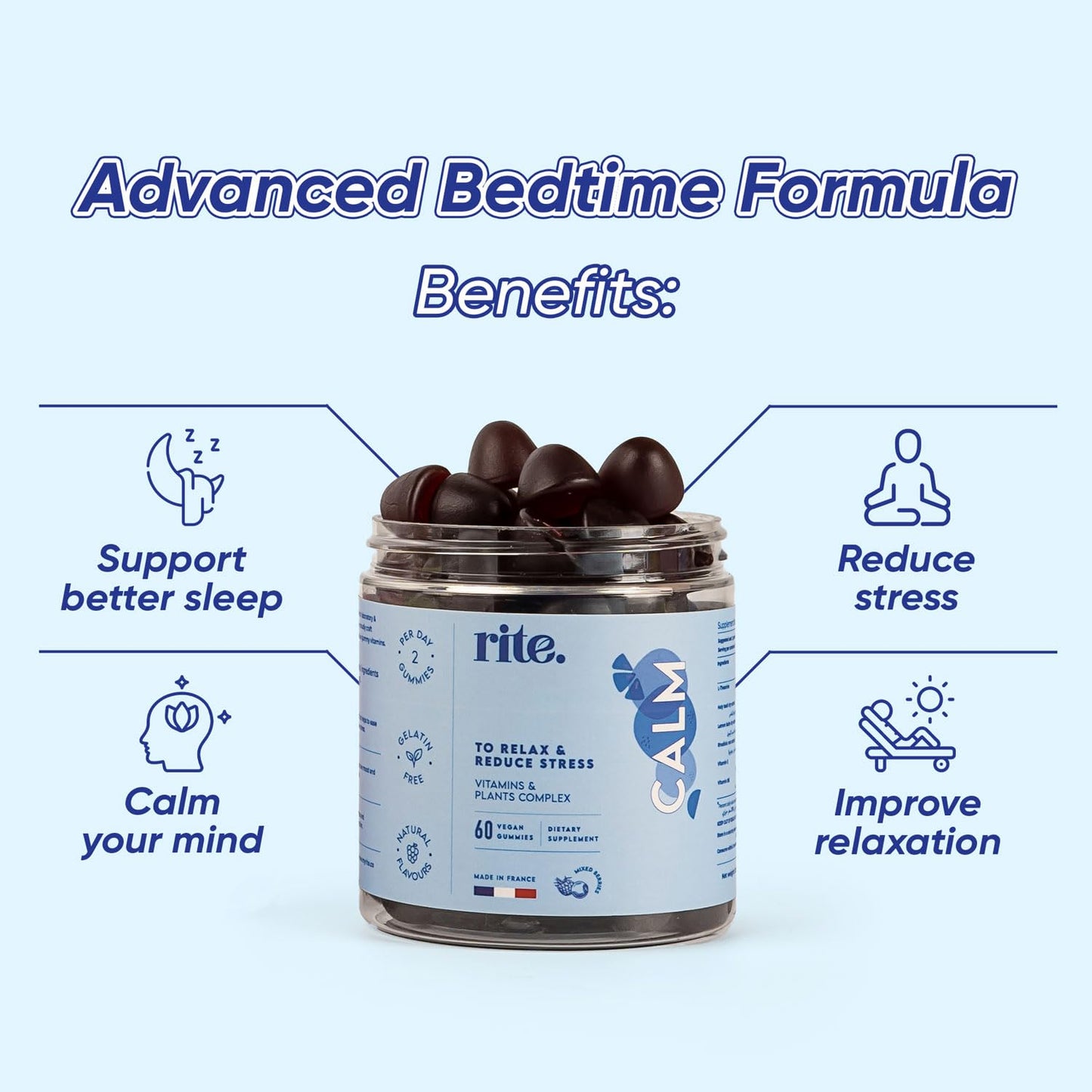 Rite Calm Gummies, Sleep Aid, Melatonin Alternative, Relaxation, Vegan, Natural Adaptogenic Botanicals, L-Theanine, Lemon Balm, Berries Flavour (60 Count,1 Month)