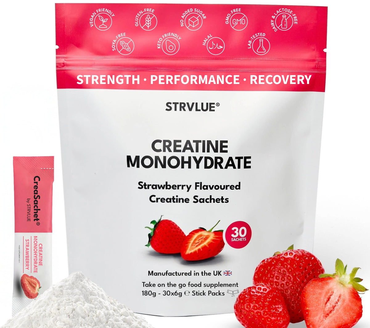 STRVLUE Lab Tested Creatine Monohydrate Powder | Strawberry Flavour | 30 Travel Sachets | Ultra‑Fine Micronised | Zero Sugar | Supports Muscle Growth, Strength, Recovery & Performance, Cognition,for Men&Women
