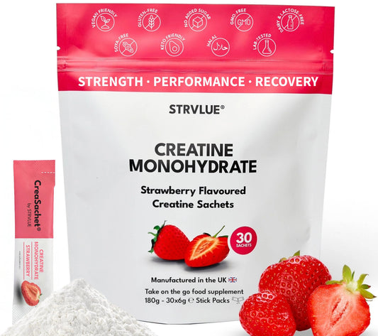 STRVLUE Lab Tested Creatine Monohydrate Powder | Strawberry Flavour | 30 Travel Sachets | Ultra‑Fine Micronised | Zero Sugar | Supports Muscle Growth, Strength, Recovery & Performance, Cognition,for Men&Women