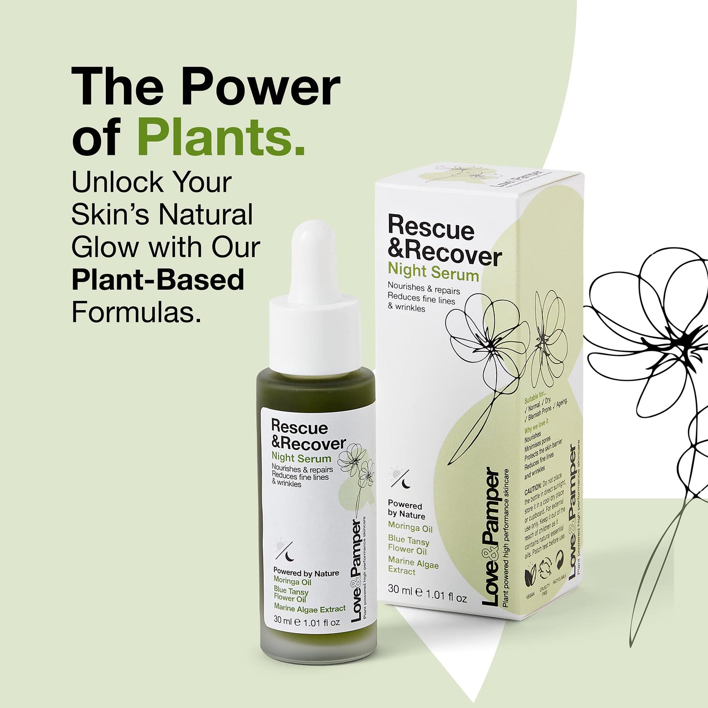 Love and Pamper Love & Pamper RESCUE & RECOVER Night Repair Serum - Plant Powered, Vitamin E, Targets Dark Spots, Reduces Fine Lines, Redness, Repair & Nourishes Skin, Smooths Texture Overnight