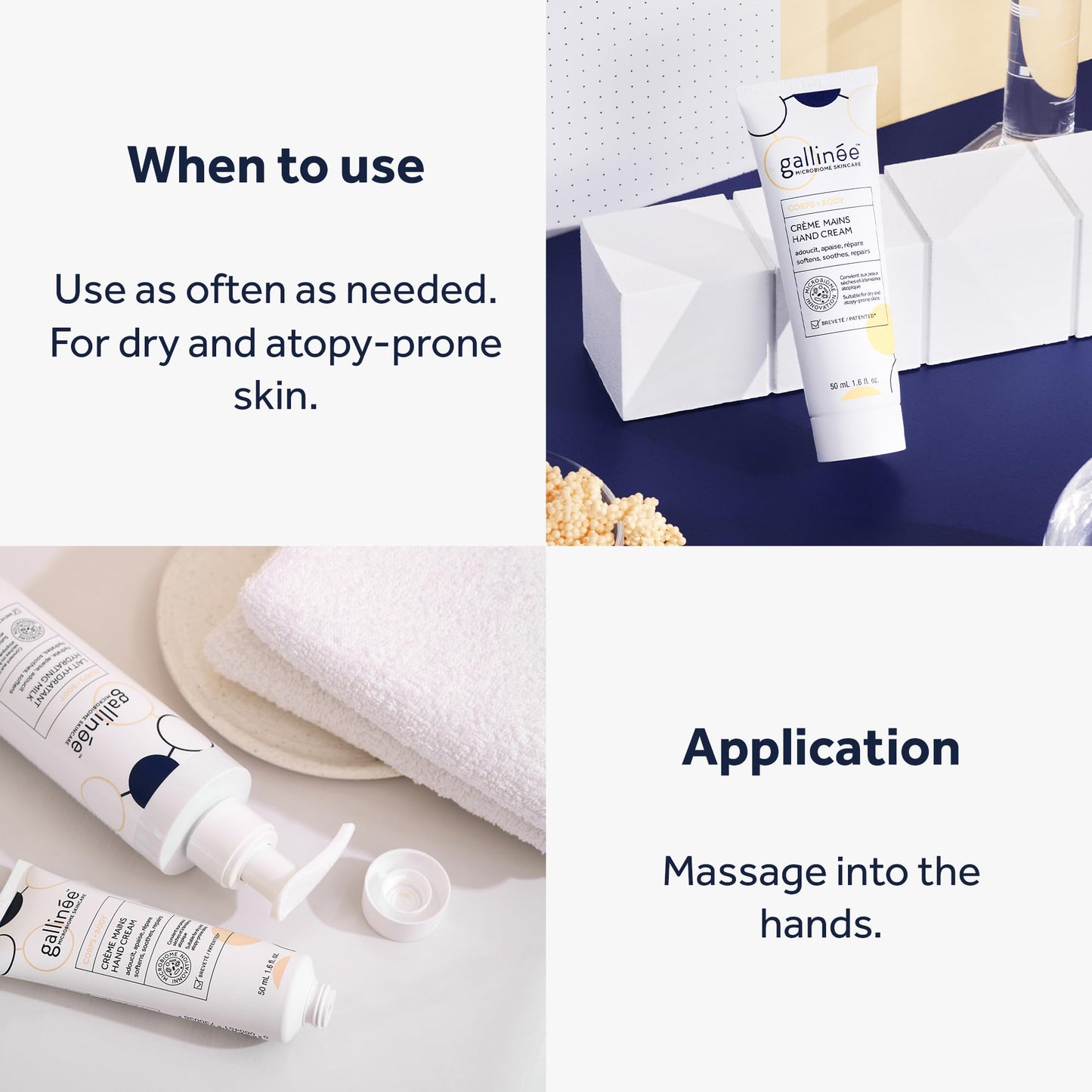 Gallinée - Hand Cream - Nourishing & Non-Greasy Hand Moisturiser for Dry Skin - Made with Prebiotics, Probiotics & Postbiotics - Supports Damaged Skin Microbiome - Made in France - 50 ml