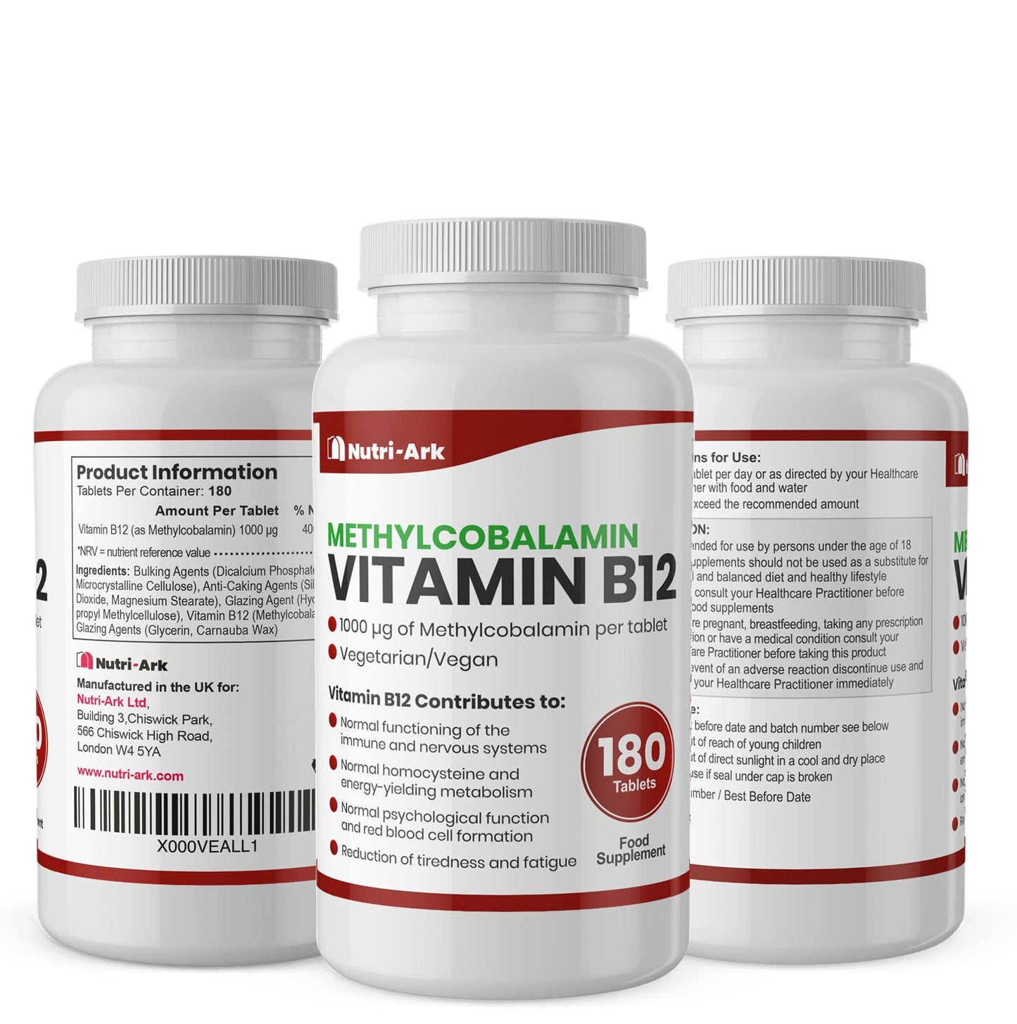 Vegan Vitamin B12 Methylcobalamin 1000mcg 180 Tablets (6 Months Supply) Made in The UK by Nutri-Ark