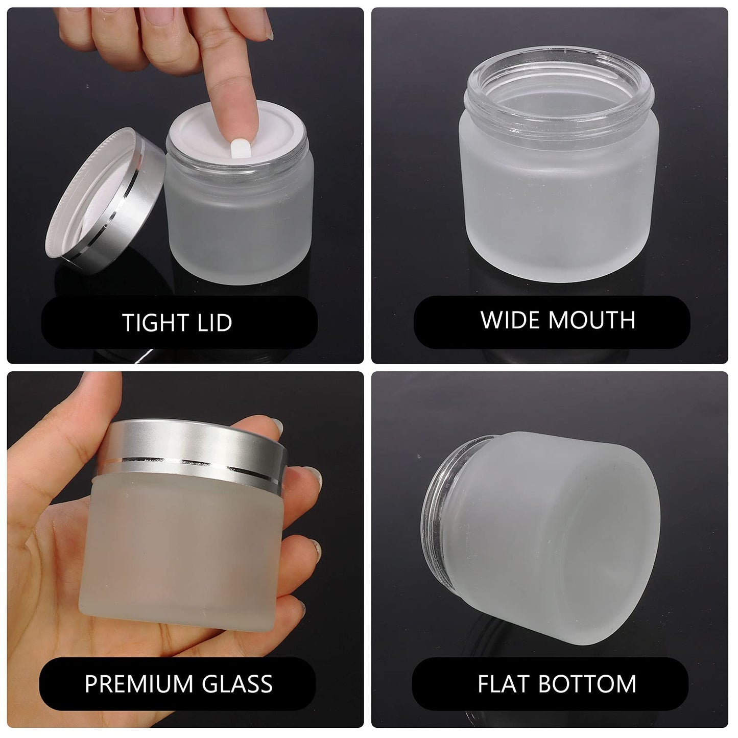 SHiZAK 6 Pack, 2 oz 60ml Frosted Glass Jars with Silver Lids & Inner Liners, Empty Matte Clear Round Refillable Cosmetic Containers Travel Jars for Cosmetics,Body Face Cream Lotion