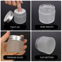 SHiZAK 6 Pack, 2 oz 60ml Frosted Glass Jars with Silver Lids & Inner Liners, Empty Matte Clear Round Refillable Cosmetic Containers Travel Jars for Cosmetics,Body Face Cream Lotion