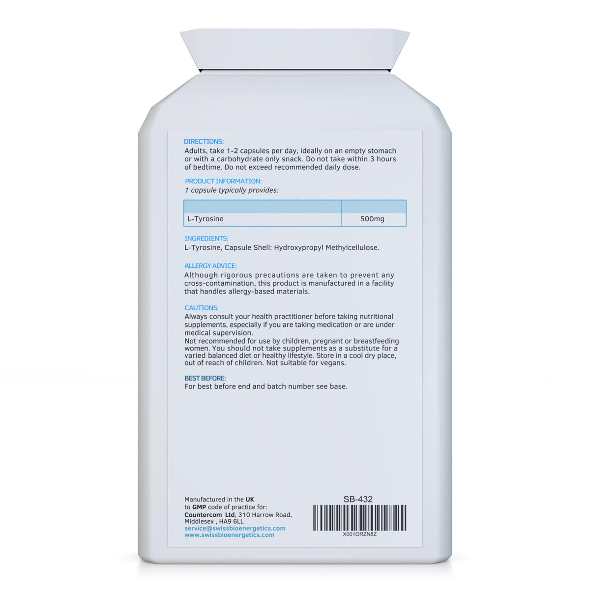 swiss bioenergetics L-Tyrosine 500mg 120 Capsules - Pure Amino Acid with No Fillers or Binders or Flow Agents – an Amino Acid Nutritional Supplement Suitable for Vegetarians - UK Made