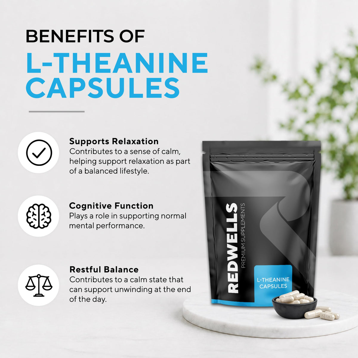 L-Theanine Capsules REDWELLS Anxiety Stress No Additives Strong 300mg - 120 Pack