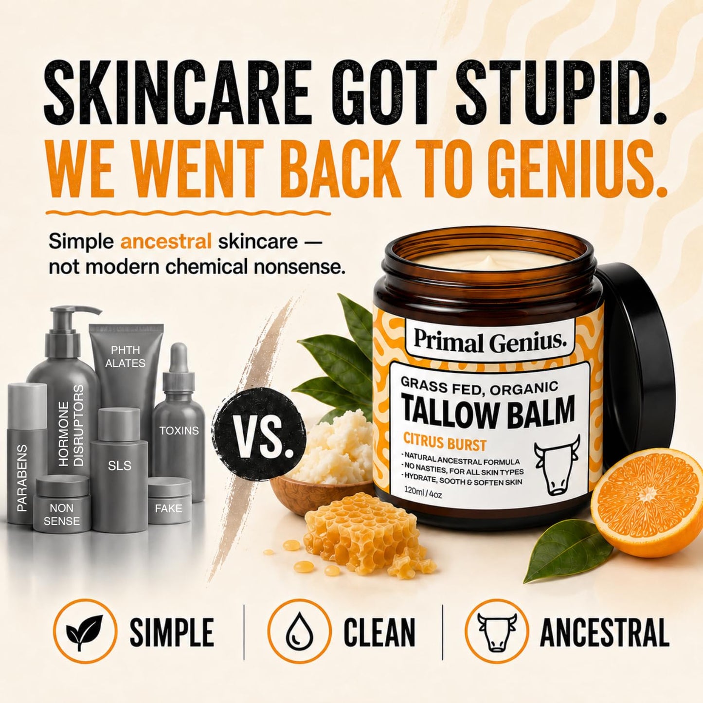 Primal Genius Tallow Balm Citrus Burst Grass Fed Organic Beef Tallow Skincare, 120ml