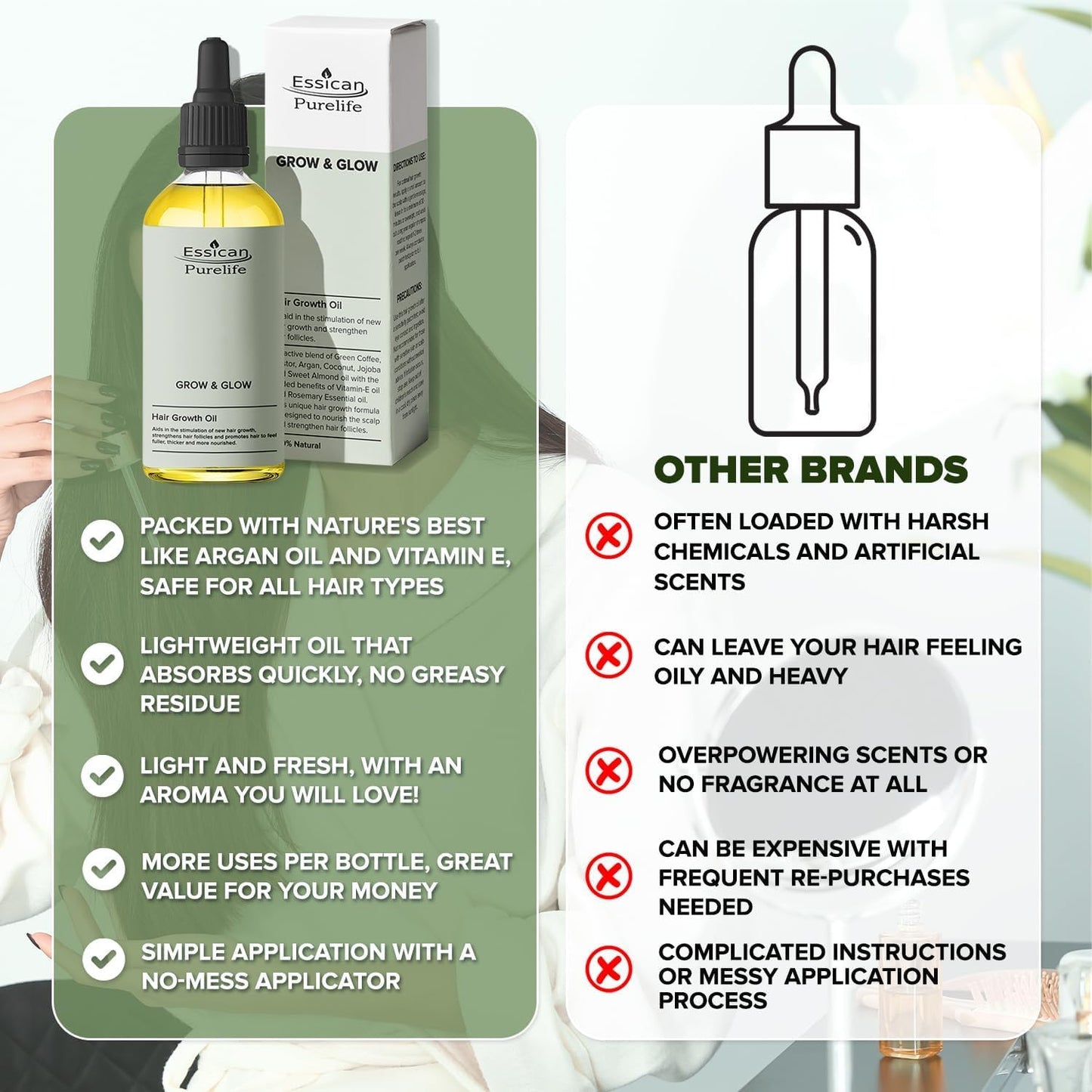 Essican Purelife Hair Growth Oil Twin Pack 100% Natural Hair Oils - 100ml Hair Growth Rosemary Oil, Argan Oil, Coconut Oil, Green Coffee, Vitamin E Oil, Castor Oil, Hair Loss Treatment, Scalp Oil Hair Serum - 2pcs