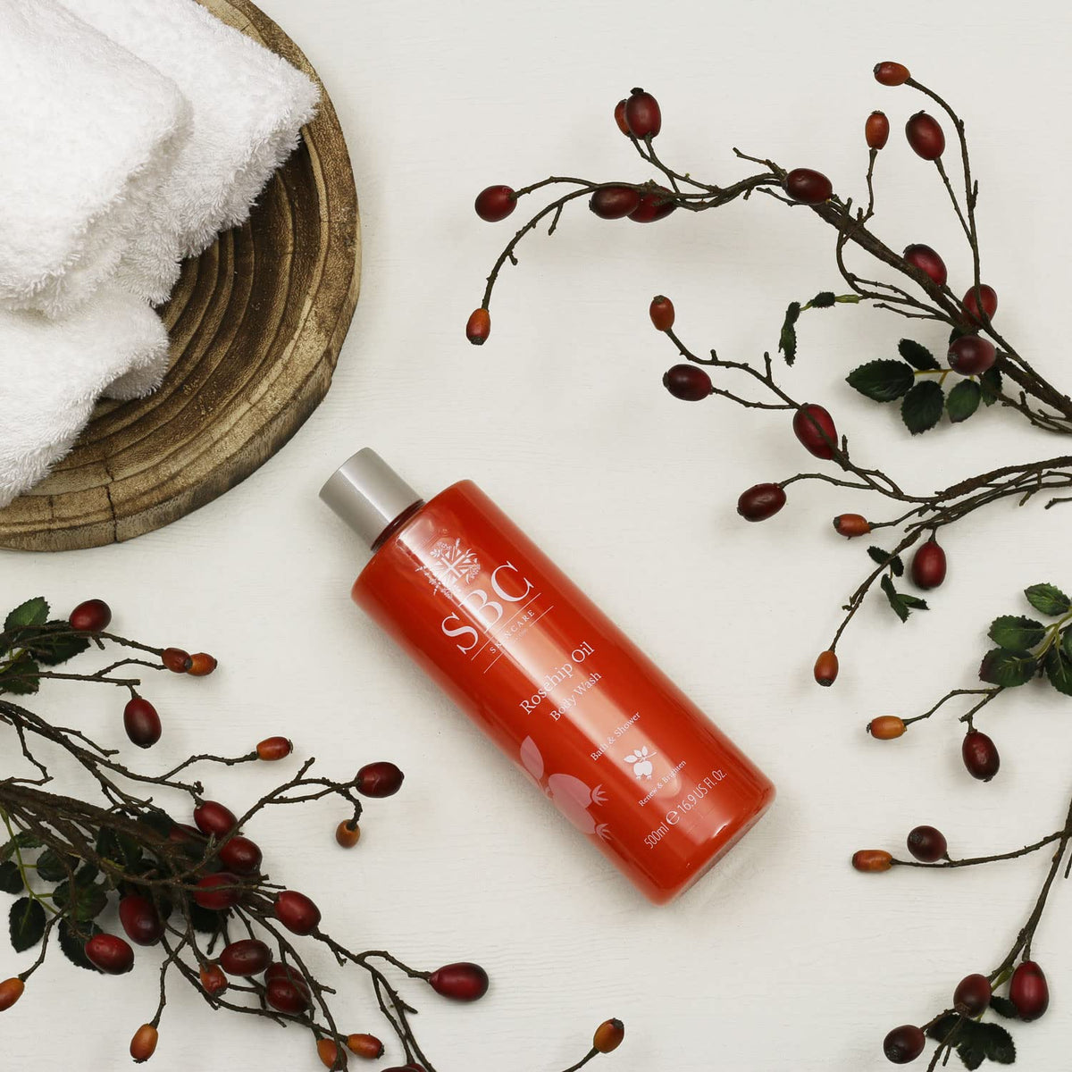 SBC Skincare Rosehip Oil Body Wash 300ml, Anti-Ageing Bath and Shower Body Wash with Rosehip Oil and Vitamins A, C and E, Delicate Scent