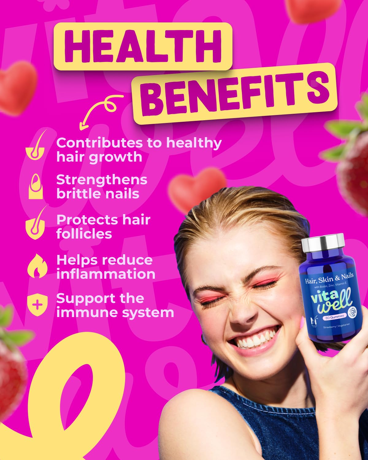 Vitawell Hair Skin & Nails Gummies | Support for Hair Growth + Skin + Nails Vitamins Chews | Complex Formula Biotin, Zinc, Selenium & Vitamin E | 60 Strawberry Flavour | | Multivitamin Gummies