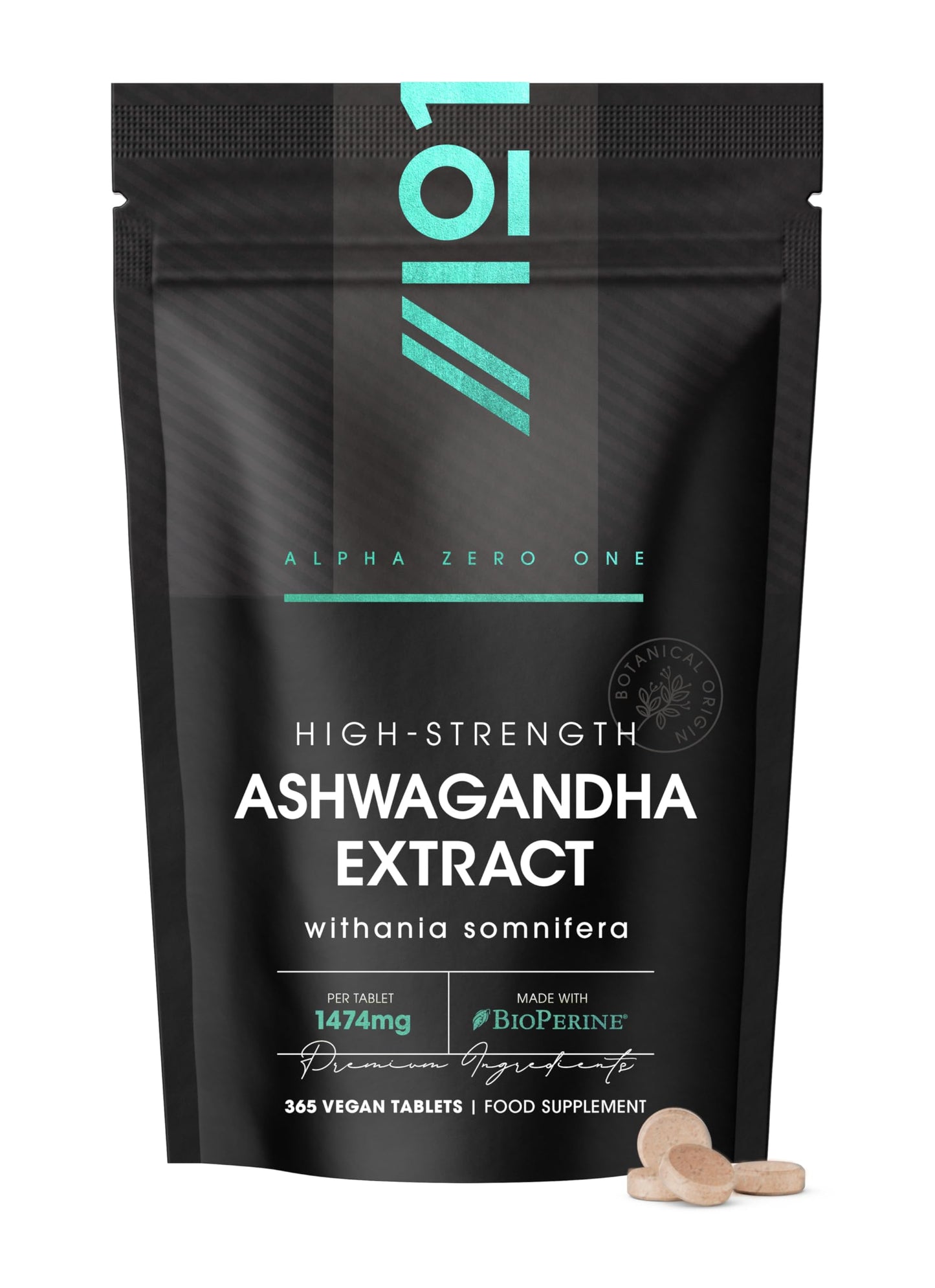 ALPHA01 Ashwagandha Extract 1474mg with BioPerine® - 365 Vegan Tablets (1 Year Supply) - Potent 3% Withanoids - High Strength Ashwagandha Root Extract (not Ashwagandha Capsules)