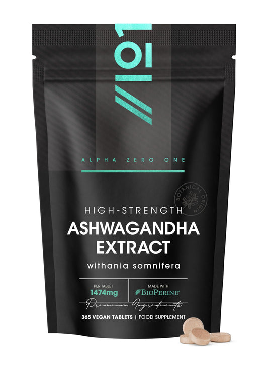 ALPHA01 Ashwagandha Extract 1474mg with BioPerine® - 365 Vegan Tablets (1 Year Supply) - Potent 3% Withanoids - High Strength Ashwagandha Root Extract (not Ashwagandha Capsules)