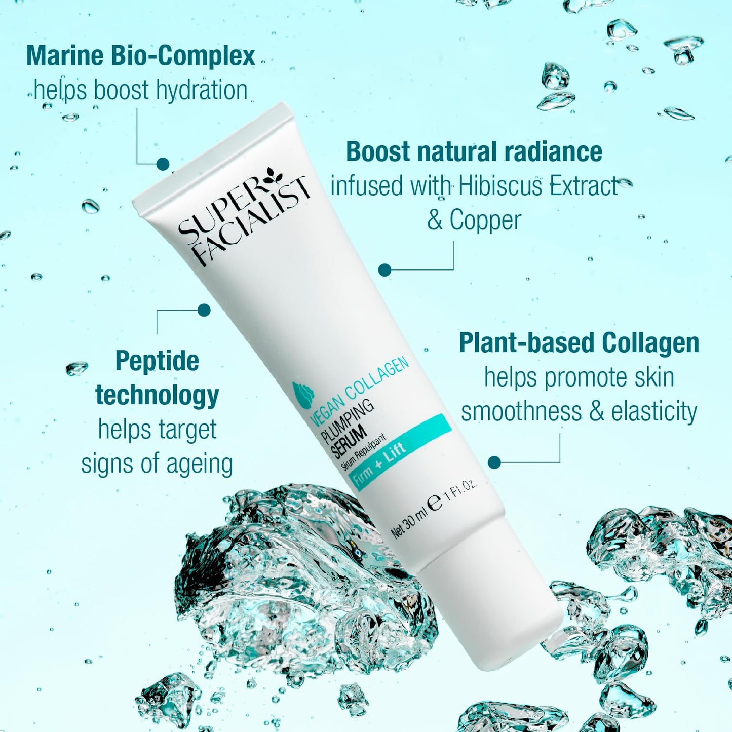 Super Facialist Vegan Collagen Plumping Serum - Hyaluronic Acid, Seaweed, Copper and Hibiscus extract, Firming, Smoothing & Plumping, face Cream for Youthful Skin, 30ml