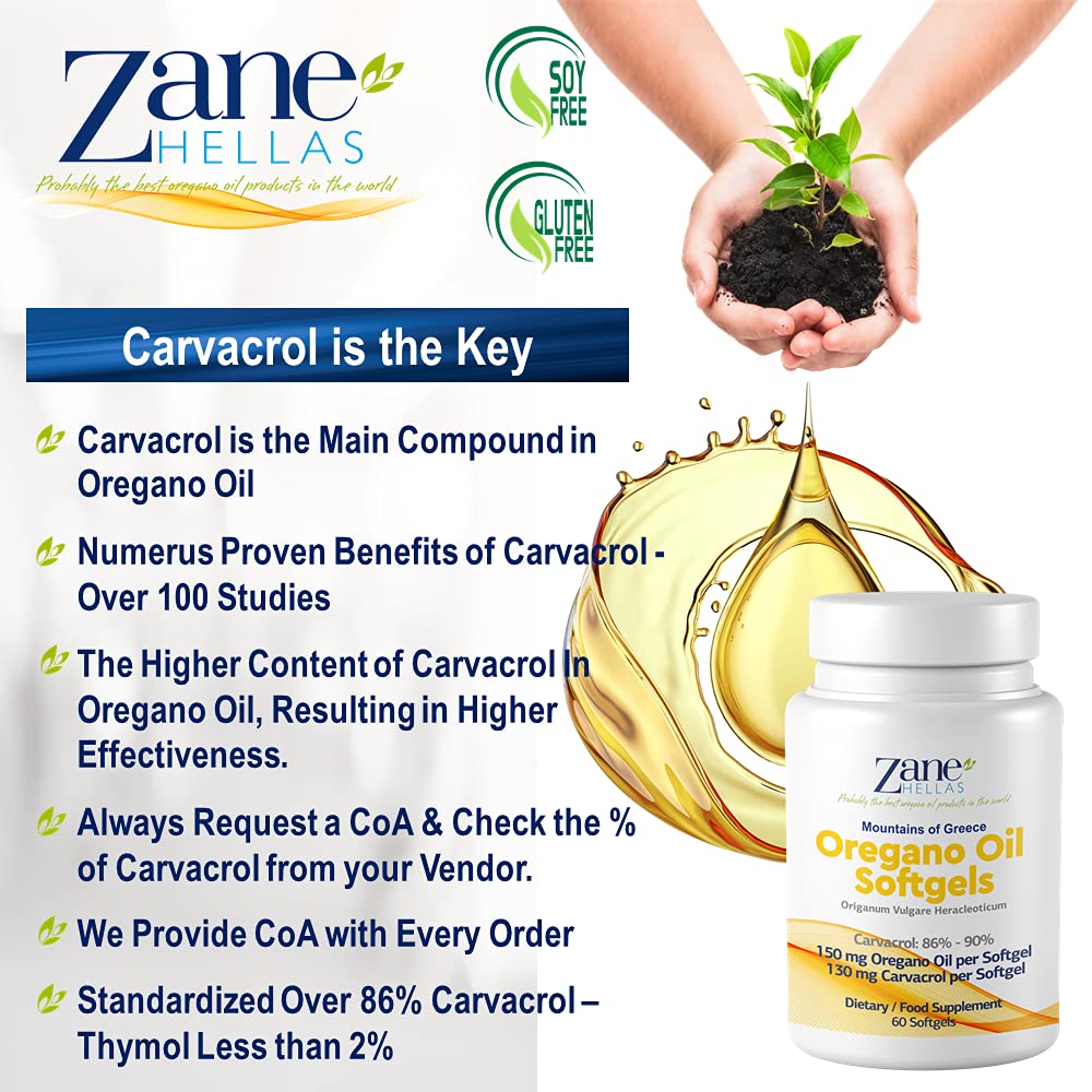 Zane | 130 mg Carvacrol - 150 mg Oregano Oil per Softgel. World Highest Concentration Oregano Oil Capsule. Softgel Contains 30% Greek Essential Oil of Oregano. 60 Softgels.