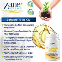 Zane | 130 mg Carvacrol - 150 mg Oregano Oil per Softgel. World Highest Concentration Oregano Oil Capsule. Softgel Contains 30% Greek Essential Oil of Oregano. 60 Softgels.