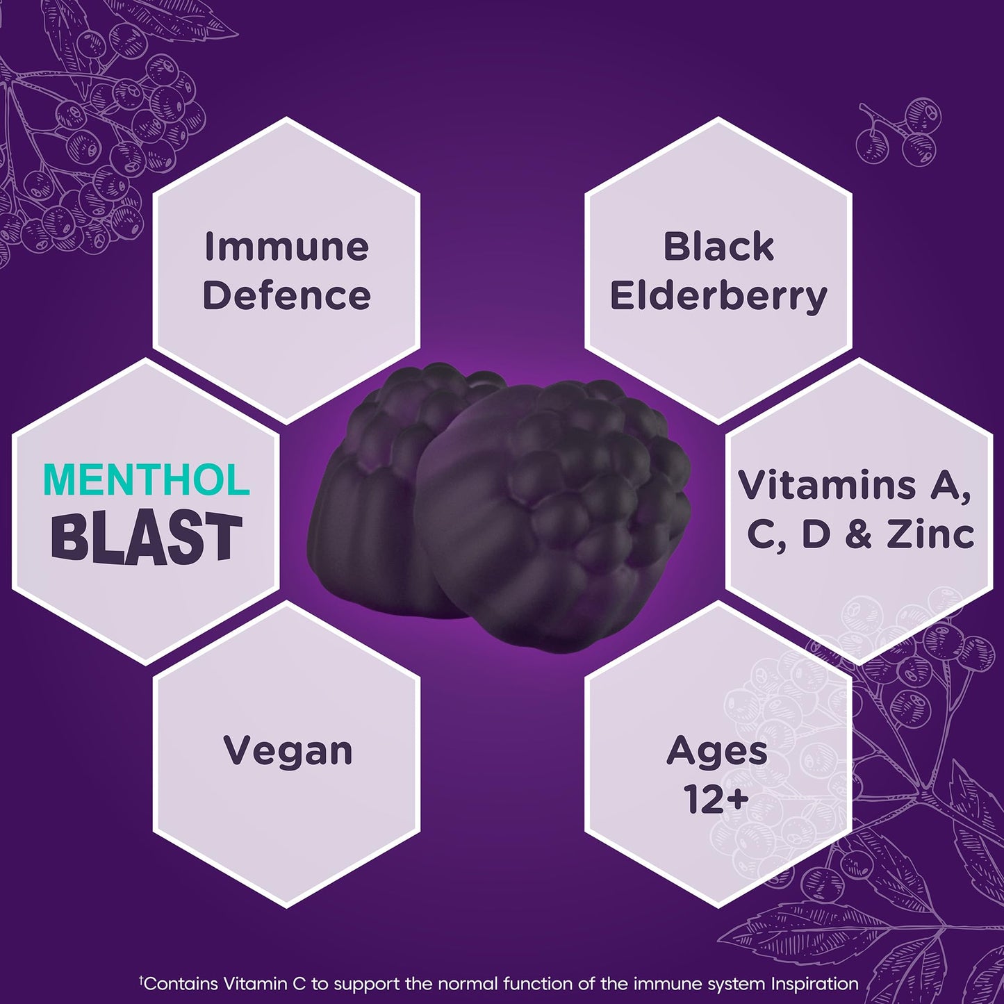 Sambucol Natural Black Elderberry Extra Defence Menthol Gummies |Vitamin A | Vitamin C | Vitamin D | Zinc |Advanced Immune Support Supplement| 30 Gummies