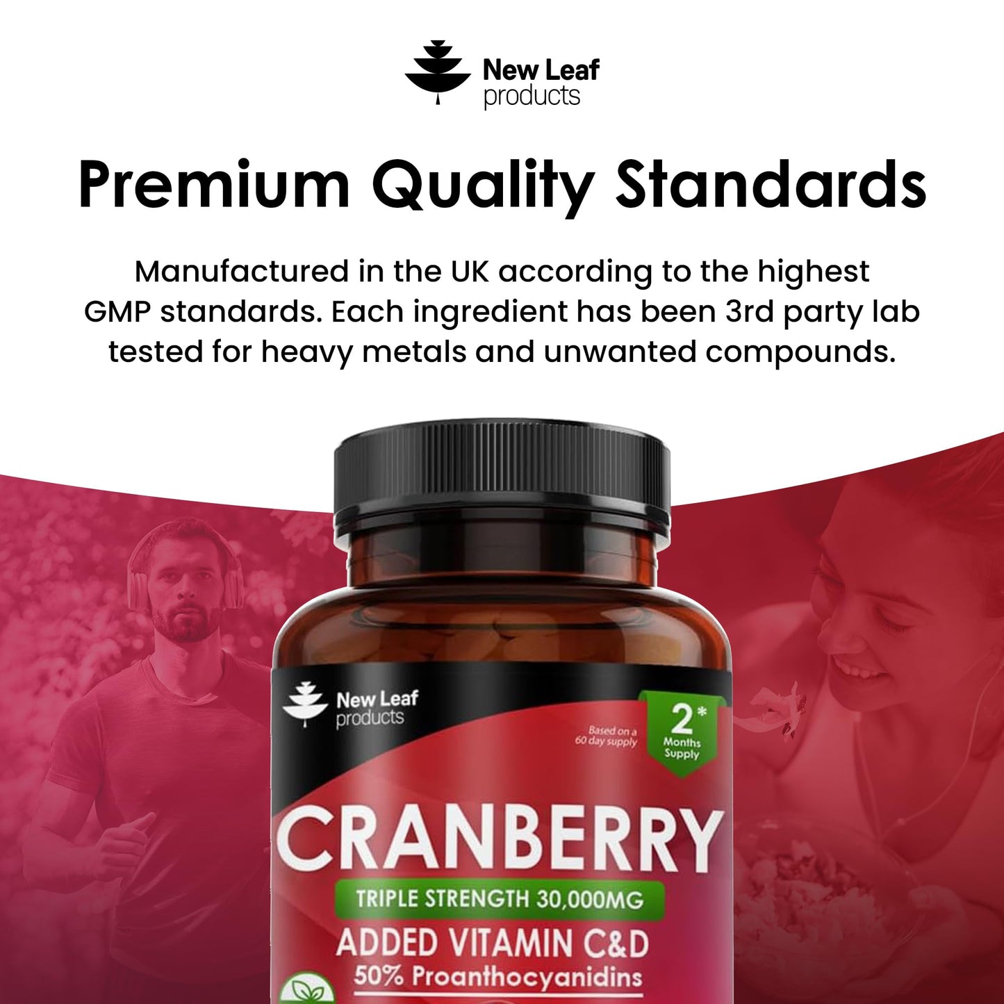 Cranberry Tablets Triple Strength 30,000mg - 120 Cranberry Supplements Enriched with Vitamin C & D - Cranberry Supplements for Women and Men - Vegan Cranberry Tablets Made in UK by New Leaf