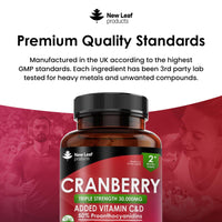 Cranberry Tablets Triple Strength 30,000mg - 120 Cranberry Supplements Enriched with Vitamin C & D - Cranberry Supplements for Women and Men - Vegan Cranberry Tablets Made in UK by New Leaf