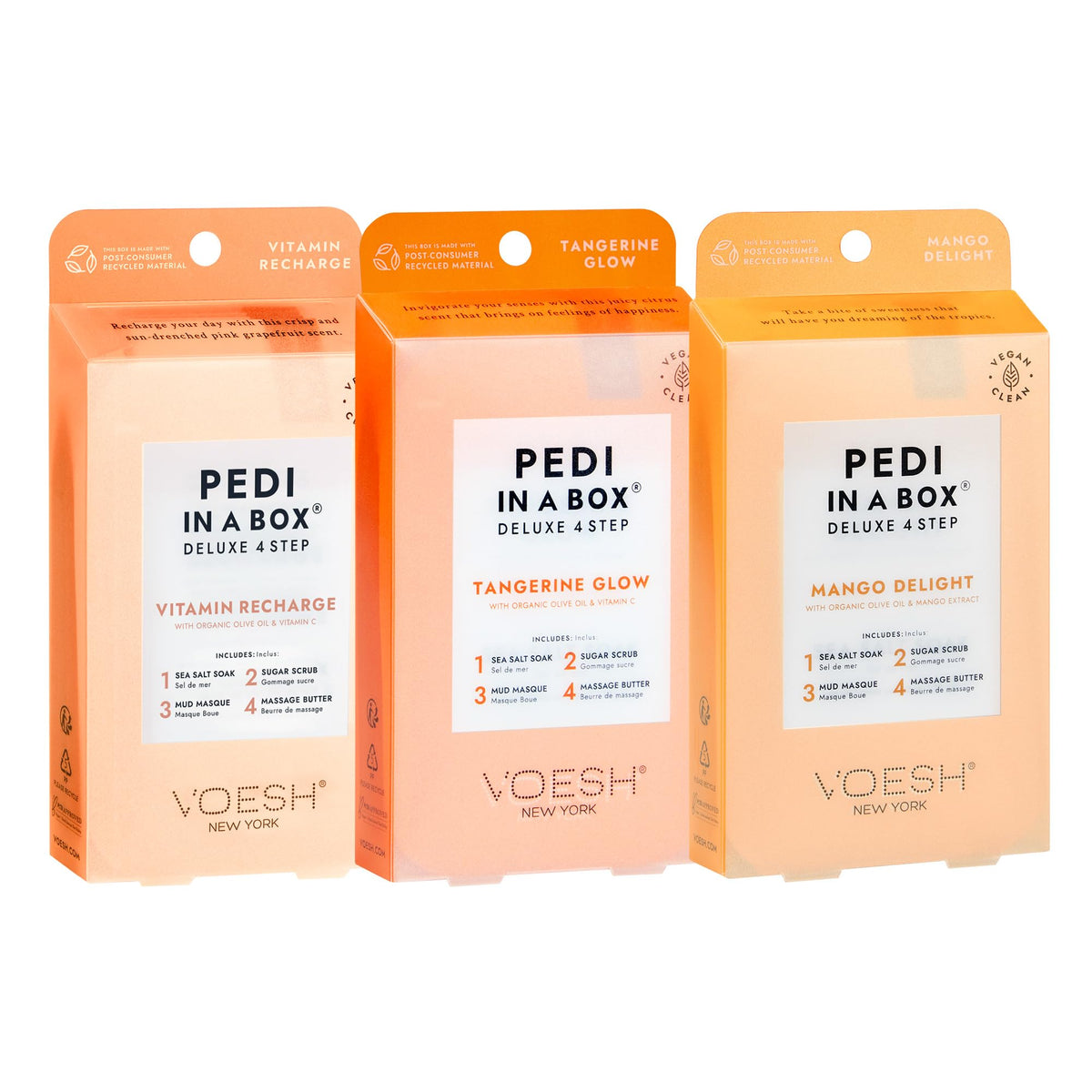 VOESH Pedi In a Box 4 Step Fruity Trio 3 Pack, Mango Delight, Tangerine Twist, and Vitamin Recharge, At Home Pedicure Treatment, At Home Pedi, Spa Treatment, Vegan Beauty, Foot Spa, Luxury