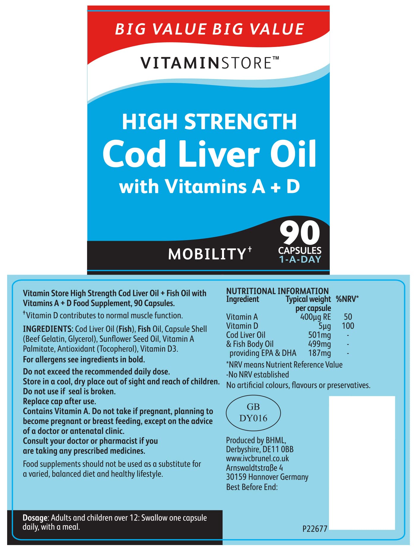 Vitamin Store Cod Liver Oil High Strength 1000mg with Vitamins A & D, 90 Capsules per Tub, Pack of 2 Tubs, 6 Months Supply