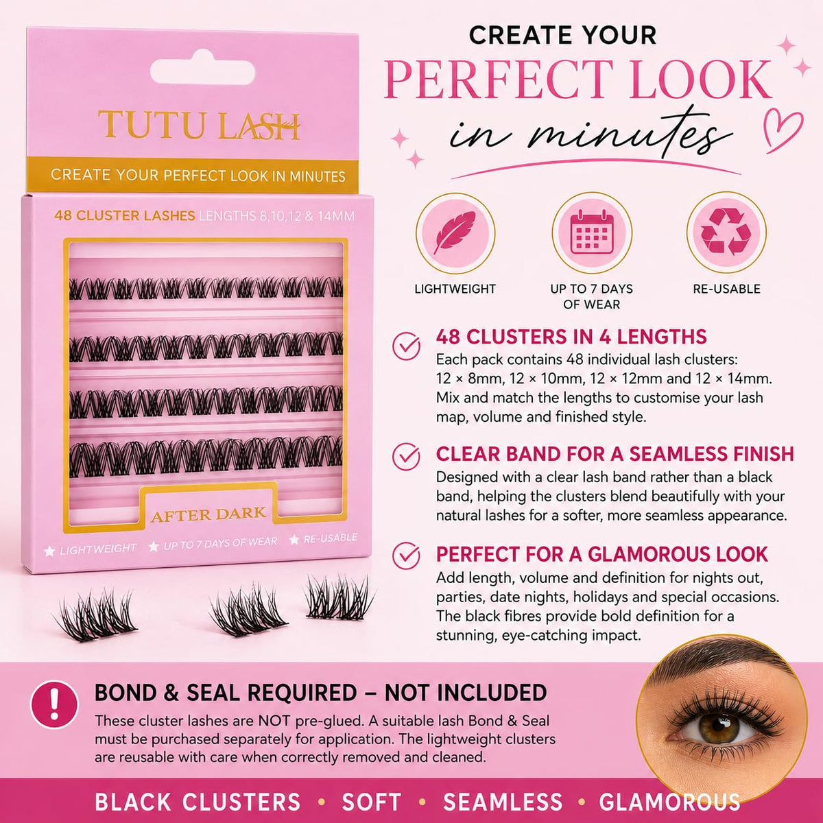 TUTU LASH After Dark Black Cluster Lashes – 48 DIY Individual Lash Clusters – 8mm, 10mm, 12mm & 14mm – Clear Band – Lightweight Reusable False Eyelashes – Glamorous Look