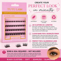 TUTU LASH After Dark Black Cluster Lashes – 48 DIY Individual Lash Clusters – 8mm, 10mm, 12mm & 14mm – Clear Band – Lightweight Reusable False Eyelashes – Glamorous Look