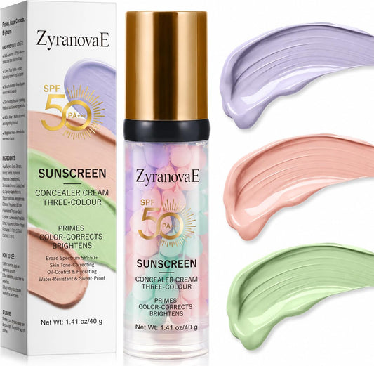 ZyranovaE 3 In 1 Primer for Face Before Makeup,SPF 50 Sunscreen Isolation Cream, One Step Color Correcting Primer,Hydrating,Oil Control Facial Serum & Concealer Skin Tone,Even Skin Tone,Radiance Skin(40g)