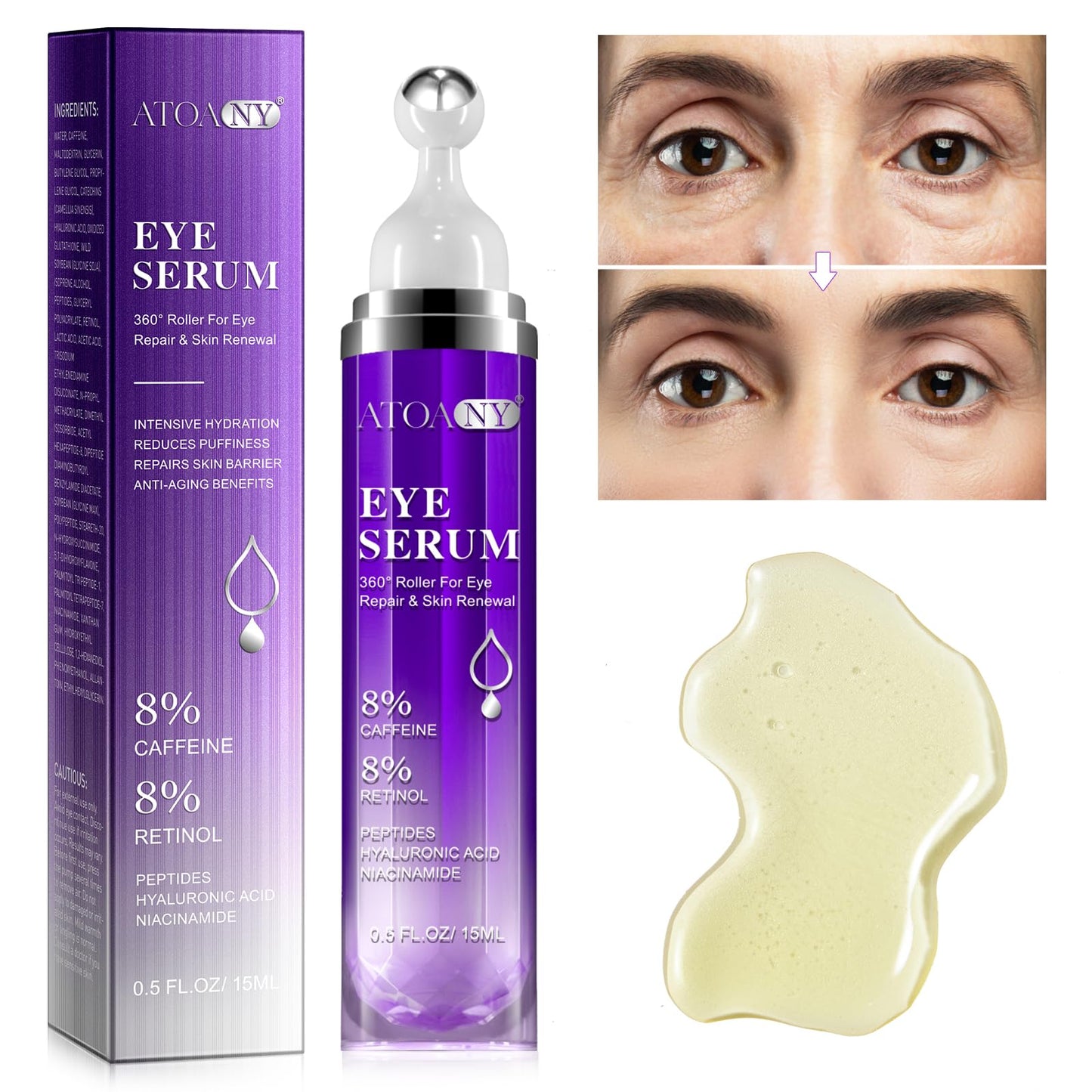 WANFAER 15 ml Rollerball Eye Serum with 8% Caffeine, Under Eye Serum for Dark Circles and Puffiness Eye, Brightens And De-Puffs Eyes,Wrinkles and Fine Lines with 360° Eye Roller Ball for Women & Men (1pc)