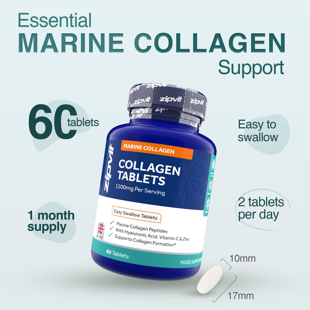 Zipvit Marine Collagen Tablets 1200mg with Hyaluronic Acid, Vitamin C & Zinc, Type 1 Collagen Supplements for Women and Men, Supports Hair, Skin, and Nails, 60 Tablets, 1 Month Supply