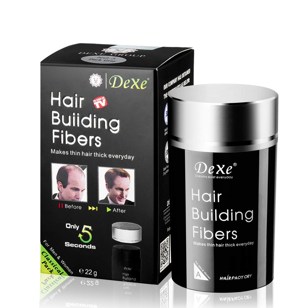 Dexe Hair Building Fibers - Thickening Fiber for Women and Men-Gentle Plant Formula-Hypoallergenic-Natural Look - Hair Loss Concealer Powder for Thicker Fuller Hair - .77oz (Dark brown)