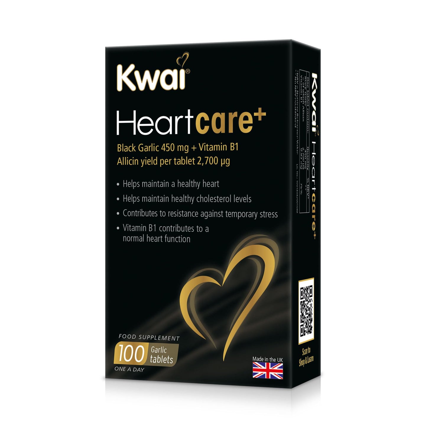 kwai Kwai Heartcare+ Black Garlic 450mg Tablets – 100 Tablets (Pack of 1) – with Vitamin B1 to Support Normal Heart Function – Odourless Fermented Garlic Rich in Antioxidants