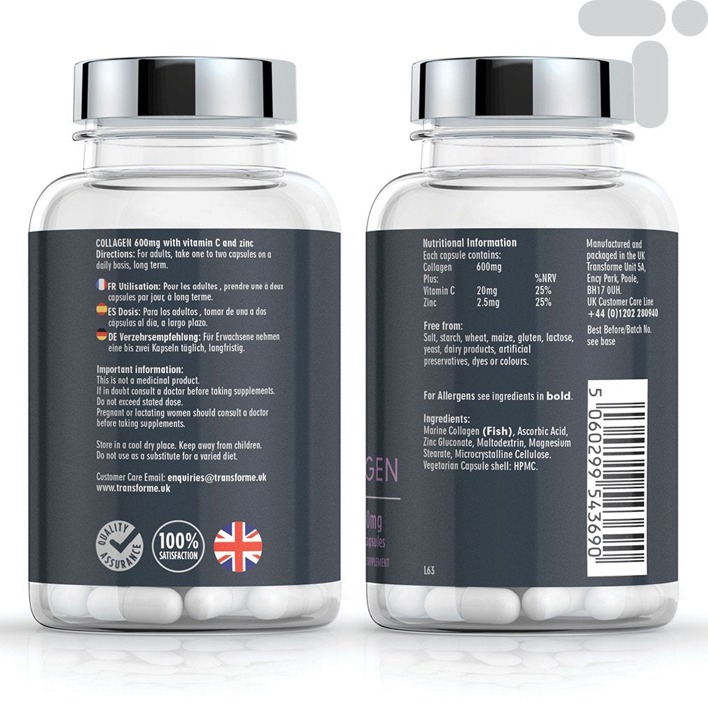 Transforme Marine Collagen Capsules 600mg - 1200mg Serving, Hydrolysed Collagen Peptides with Vitamin C, Mineral Zinc, 120 High Strength Capsules, Gluten Free