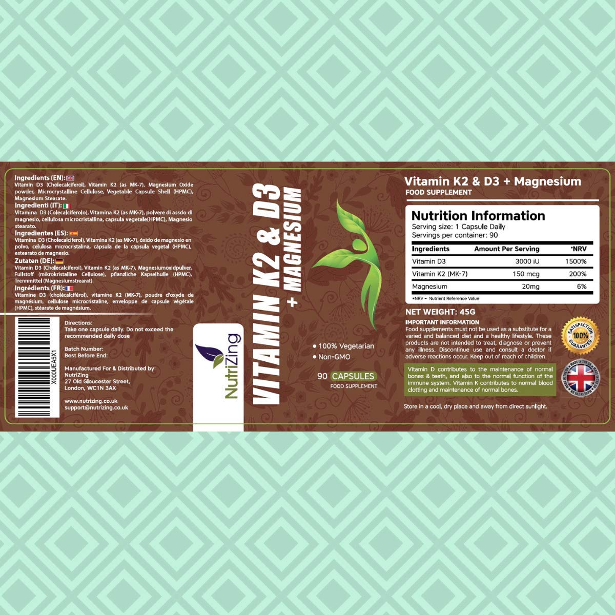 Vitamins D3 K2 Capsules - 3000IU Vitamin D3, 150mcg VIT K2 (MK-7) - Made in UK by NutriZing - Supports Maintenance of Immune System & Contributes to Normal Bones