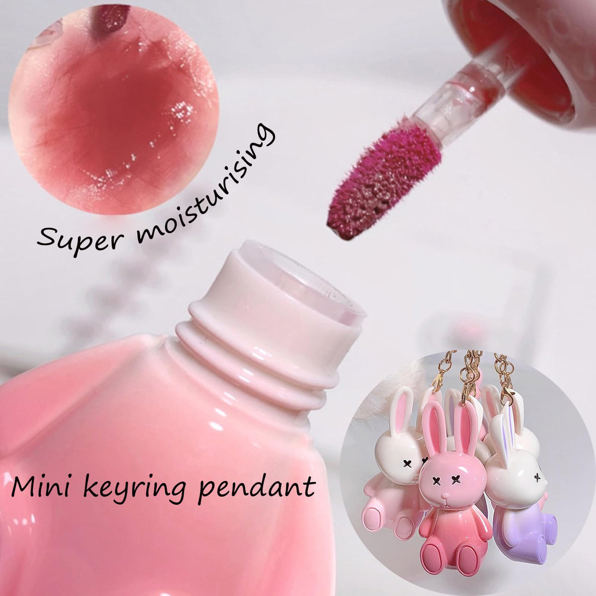 Bekoeen 3Psc Rabbit Lip Gloss Keyring,Moisturising Sparkling Jelly Lip Gloss,Crystal Lip Tint Korean Chinese Makeup, Hydrating Sweet Lip Glaze Set,Cute Lipgloss Set For Girls