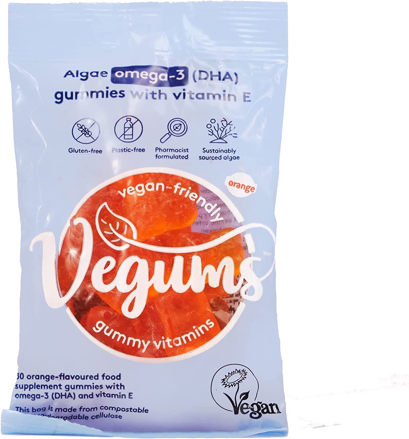 Vegums Fish-Free Omega-3 for Kids and Adults | 30 Orange-Flavoured Food Supplement Gummies with Omega-3 (DHA) Sourced from Marine Algae & Vitamin E | Suitable for Vegans and Vegetarians