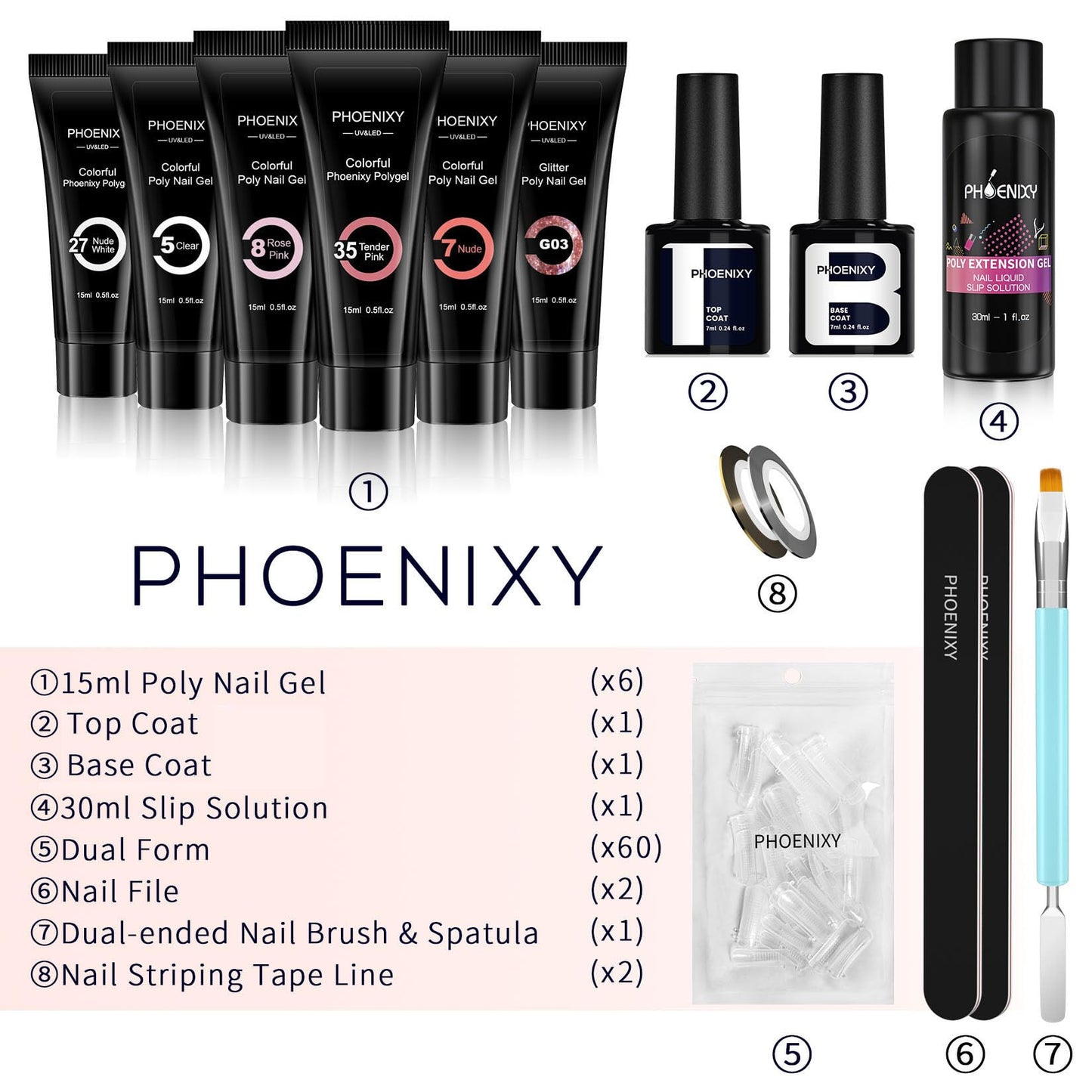phoenixy Phoenixy Poly Nail Gel Kit, 6 Colour Poly Nail Gels Set 15ML Clear Nude Pink Builder Nails Gel Nail Extension Basic Gifts Kits for Women